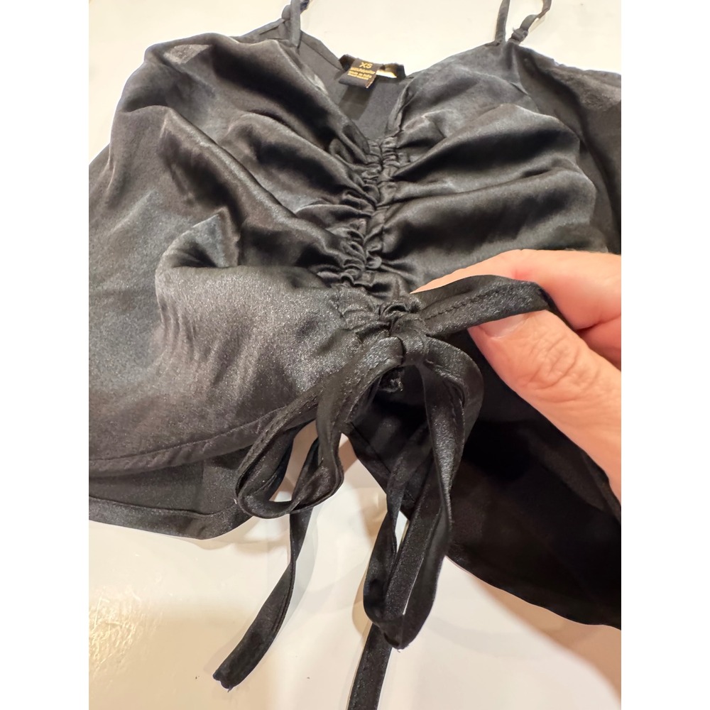 Japna Womens Black Satin Ruched Drawstring Front Camisole Top Size XS Adjustable - Picture 2 of 10